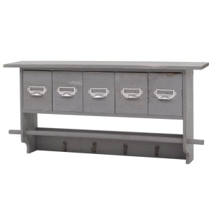 Graues Küchenregal im Shabby Look mit 5 Schubladen, Beschriftungsfeldern und 4 Metallhaken. Wandregal aus Holz.