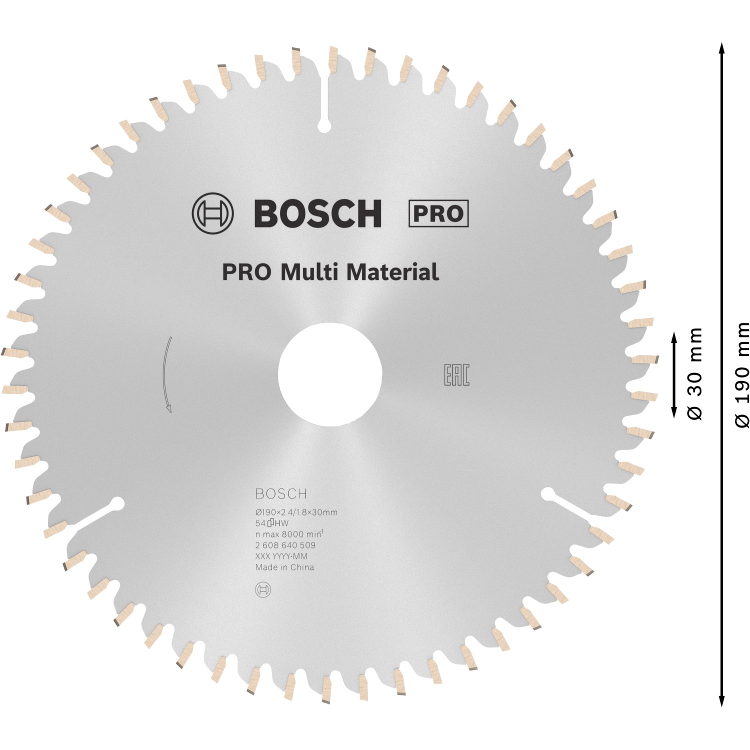 Bosch Kreissägeblatt Pro Multi Material, 190 mm Durchmesser, geeignet für verschiedene Materialien.