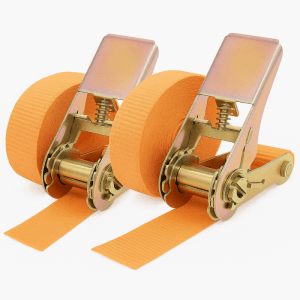 2 orangefarbene Spanngurte mit Ratsche, 6m lang, zur Ladungssicherung.