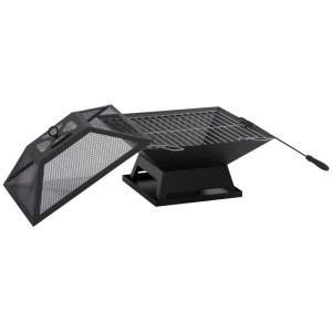 Schwarze Furnicato Feuerschale aus Edelstahl mit Funkenschutz und Grillrost.