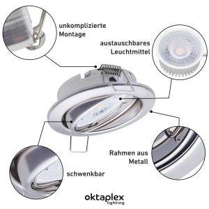 Oktaplex Dijon Deckeneinbaustrahler, 12er Set, chrom, dimmbar, mit LED Modul, schwenkbar.