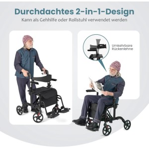 Costway Rollator, faltbar & leicht, als Gehhilfe und Rollstuhl nutzbar, schwarz.