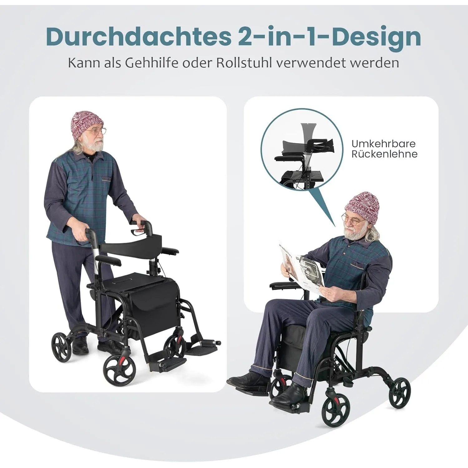 Costway Rollator, faltbar & leicht, als Gehhilfe und Rollstuhl nutzbar, schwarz.