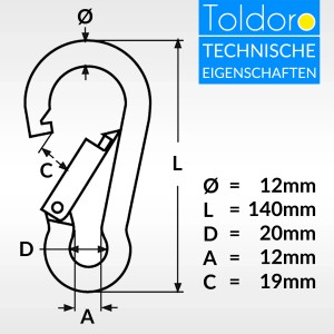 Toldoro 10 Stück Edelstahl Karabiner 12x140mm Rostfrei NIRO AISI 316 V4A Karabinerhaken Groß