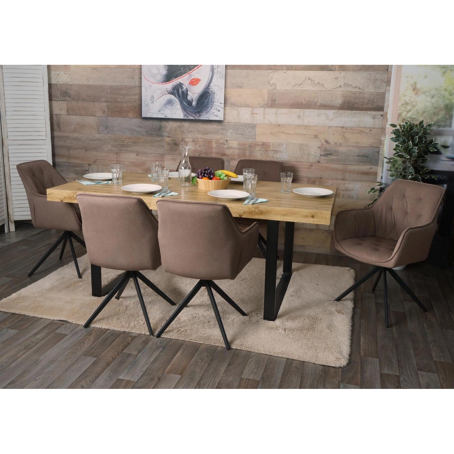 6er-Set braune MCW Esszimmerstühle L80 mit Drehfunktion und Armlehnen am Esstisch.