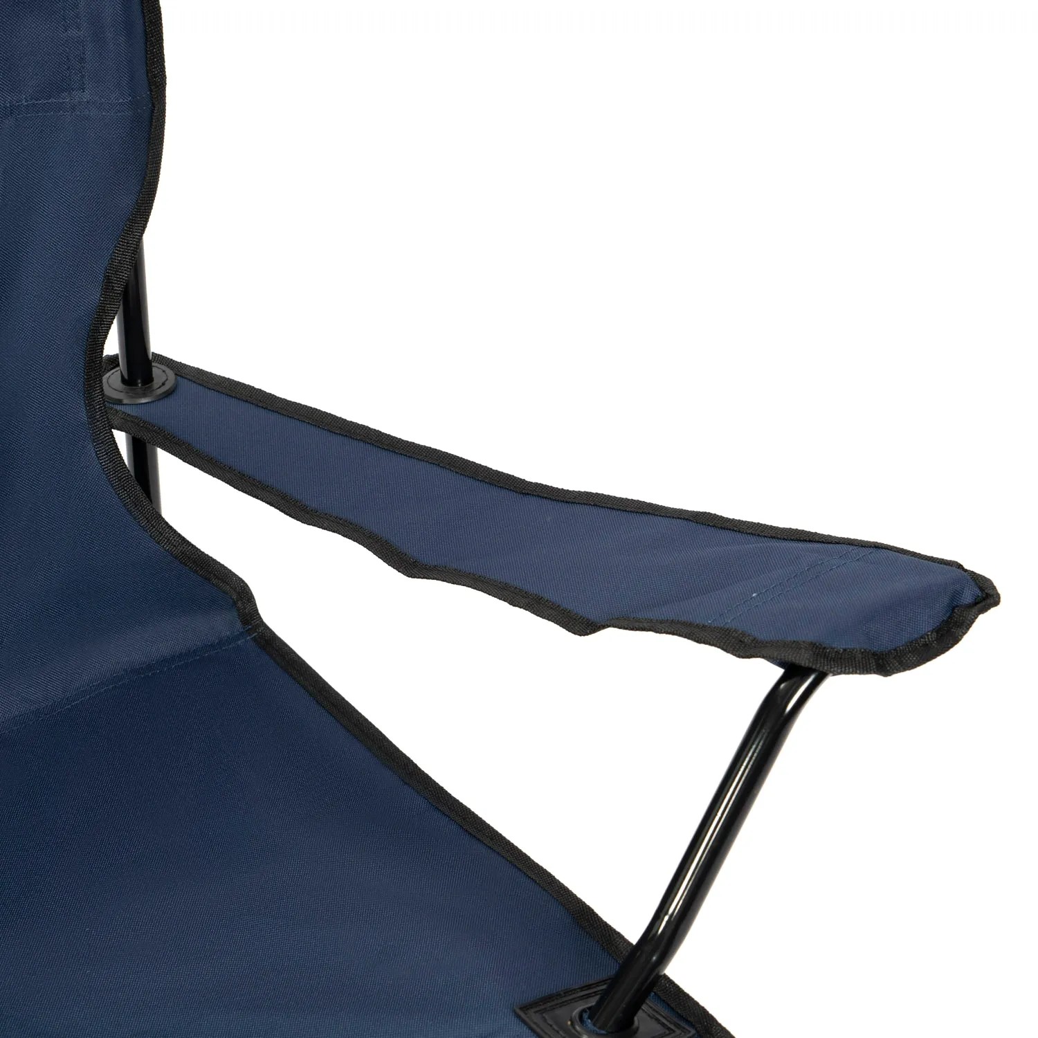 Detailansicht: Blauer 24Move Campingstuhl mit Getränkehalter und Armlehne.