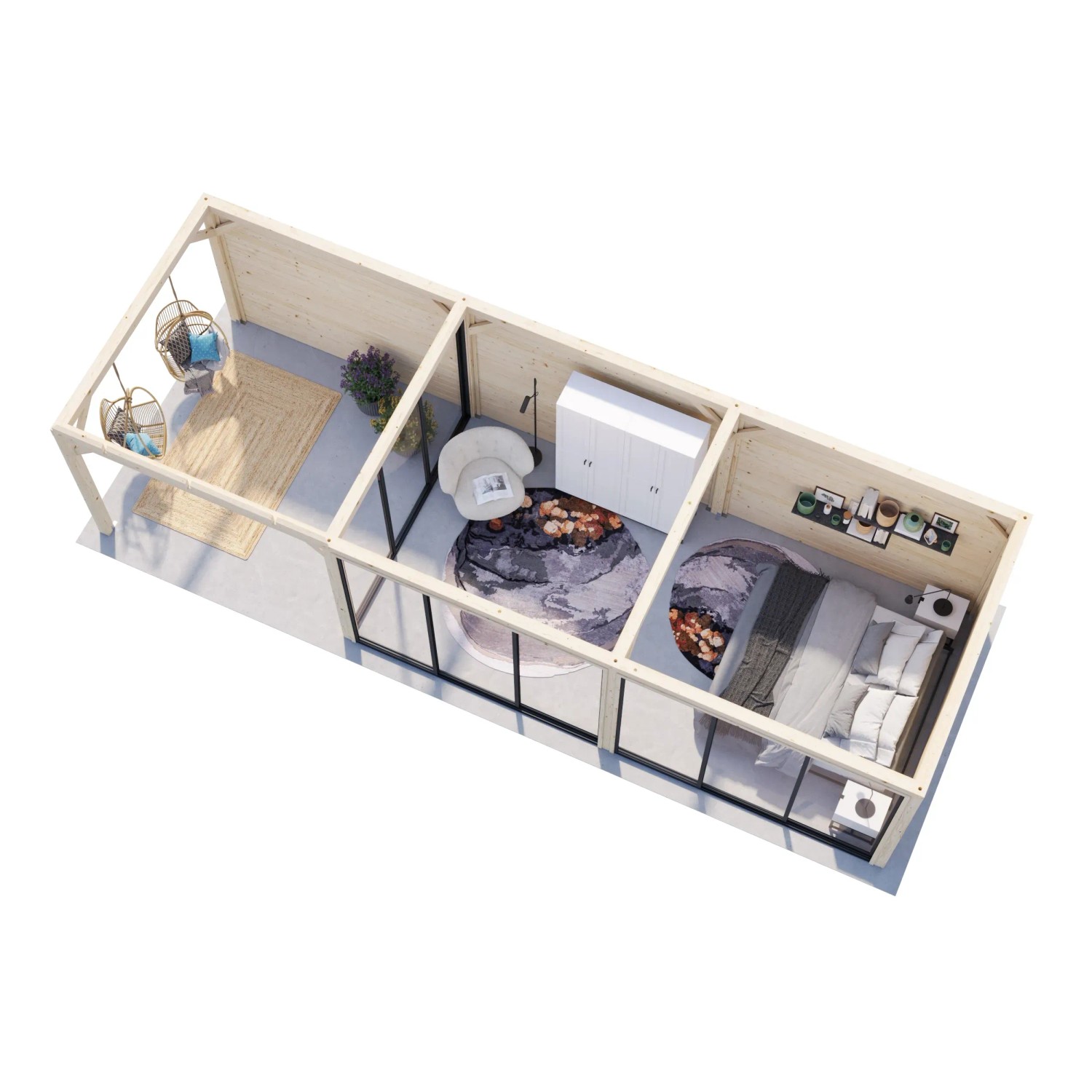Palmako Pavillon Bianca Set, 876x300 cm, weiß lackiert, mit Schiebetüren. Ansicht von oben.