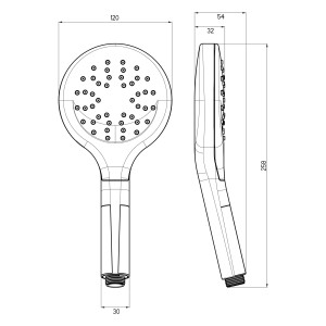 Technische Zeichnung: Runde Sturotec Handbrause Eco-Line Chrom mit Regenstrahl und Maßangaben.