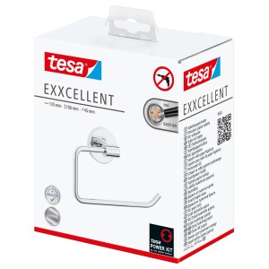 Verpackung des Tesa Exxcellent Toilettenpapierhalters in Chromoptik, zur Wandmontage ohne Bohren.