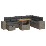 Graue 9-tlg. vidaXL Garten-Sofagarnitur aus Polyrattan mit Akazientisch und Kissen.