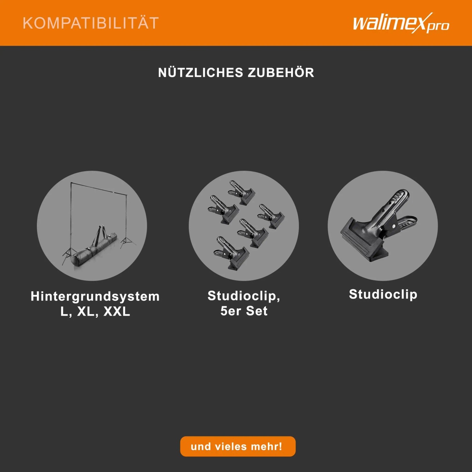 Kompatibles Zubehör für Walimex Diffusor: Hintergrundsystem und Studioclips für Fotostudio und Lichtformer.