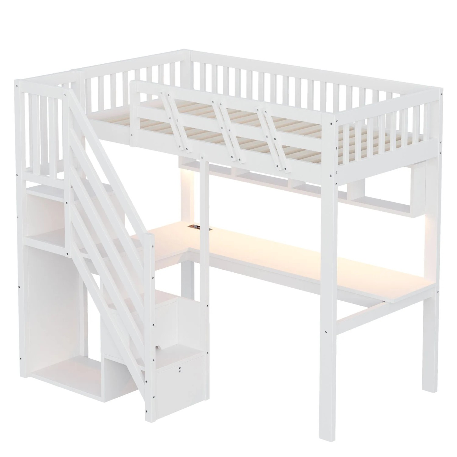 okwish Hochbett 90x200cm mit Treppe Schreibtisch LED USB Jugendbett Weiß ohne Matratze