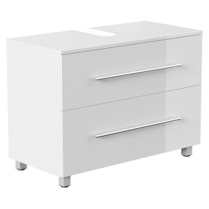 Posseik Bad-Einbauschrank Mondial Universal, 85 cm, Weiß Hochglanz mit zwei Schubladen und Standfüßen.