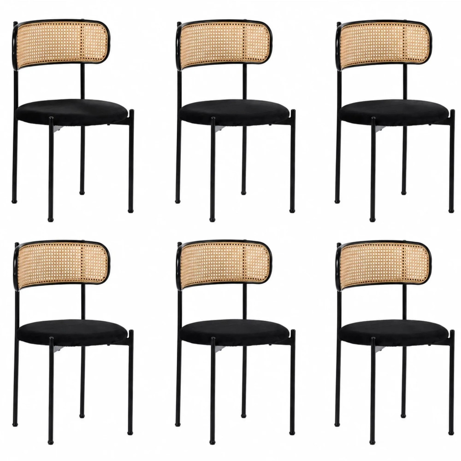 Merax Samt Esszimmerstuhl 6er Set Rattan Optik mit Metallbeinen Schwarz