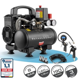 STAHLWERK Kompressor ST-38 PRO Set: Ölfreier Kompressor, Reifenfüller, Schlauch, Verteiler, Ausblaspistole.