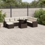 Braune 9-tlg. vidaXL Garten-Sofagarnitur aus Polyrattan mit cremeweißen Kissen und höhenverstellbarem Tisch.