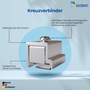 SolMount Kreuzverbinder aus Aluminium zur Verbindung von Montageschienen für Solaranlagen.