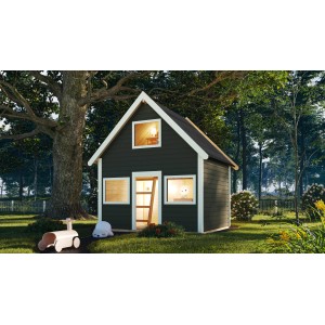 Karibu Spielhaus Kalle in Terragrau für Kinder, mit Fenster und Leiter im Garten.