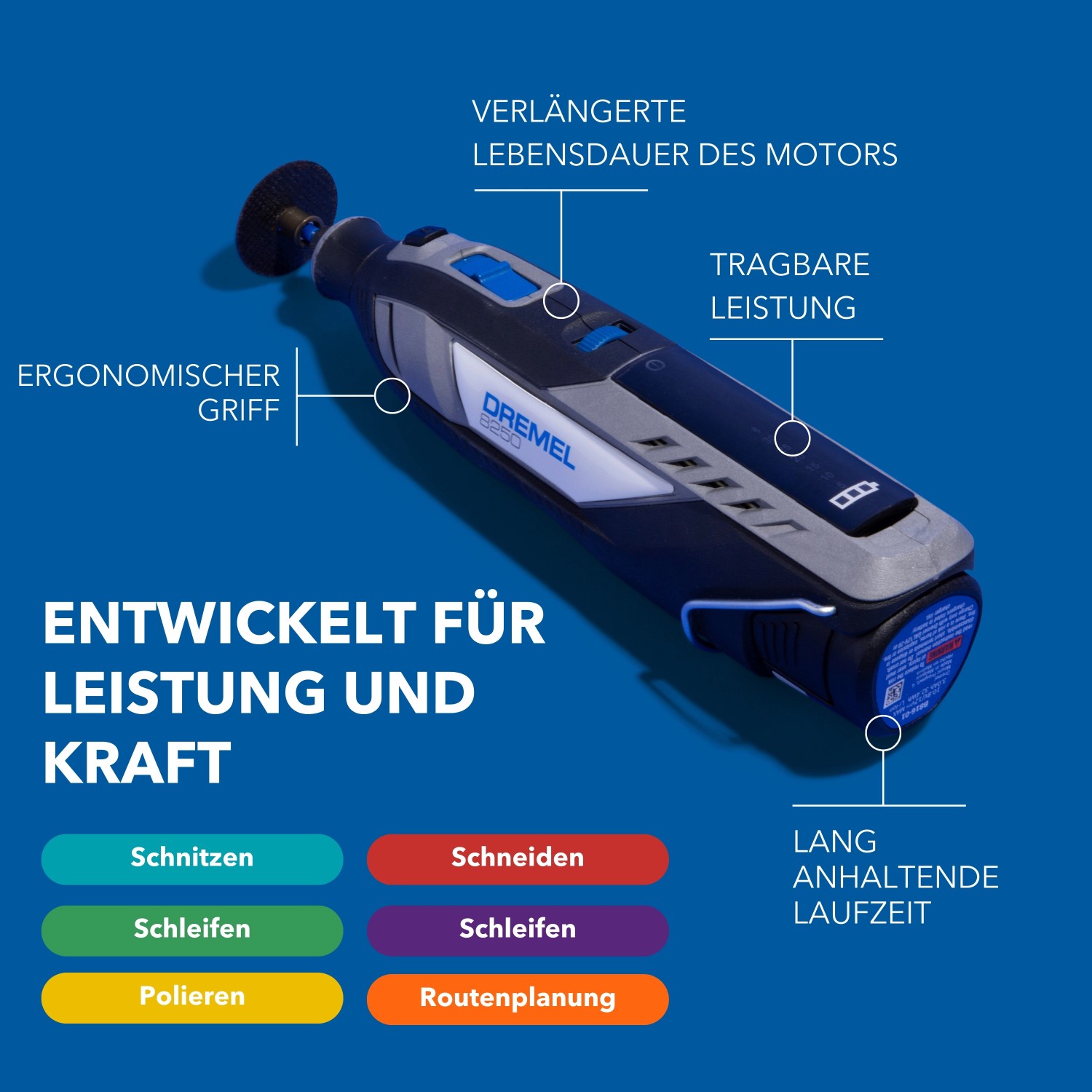 Dremel 8250-5 Akku-Multitool mit Zubehör und ergonomischem Griff für präzise Arbeiten.