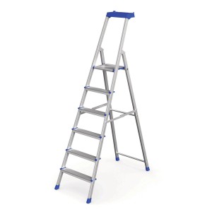 Werner Stufenstehleiter Pro Smart mit 6 Stufen aus Aluminium, breite Trittflächen, blaue Details.