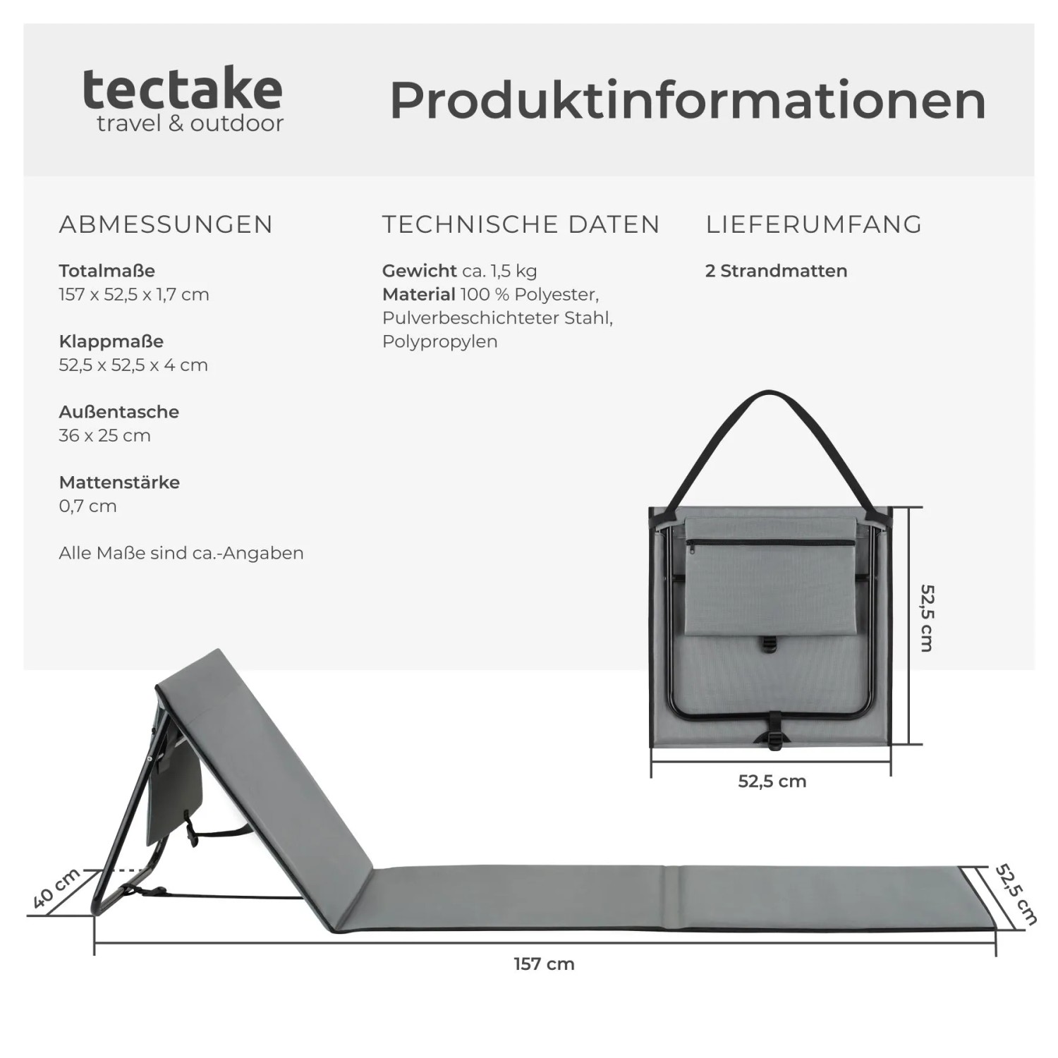 2er Set Tectake Strandmatte Mina, grau/blau, mit verstellbarer Rückenlehne und Tragegurt. Sonnenliege klappbar.