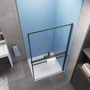 AICA Walk-In Duschwand 120x200 cm mit schwarzem Rahmen, Ablage und Handtuchhalter.