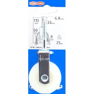 Weiße Conacord Vogelrolle aus Polyamid, Ø 7 mm, 115 mm lang, mit Metallhalterung. Belastbar bis 25 kg.