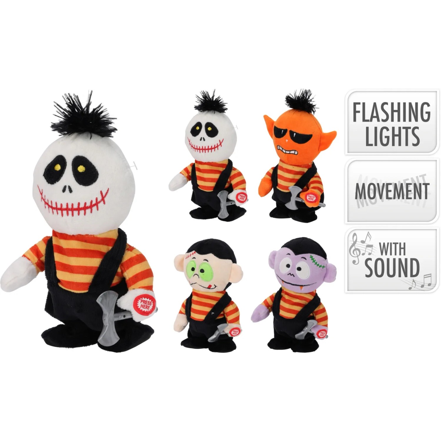 Halloween Figuren, 20 cm, mit Sound & Bewegung, 4 Farbvarianten.