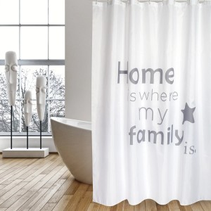 Weiß-grauer MSV Duschvorhang Home aus Polyester, 180x200 cm, mit Schriftzug.