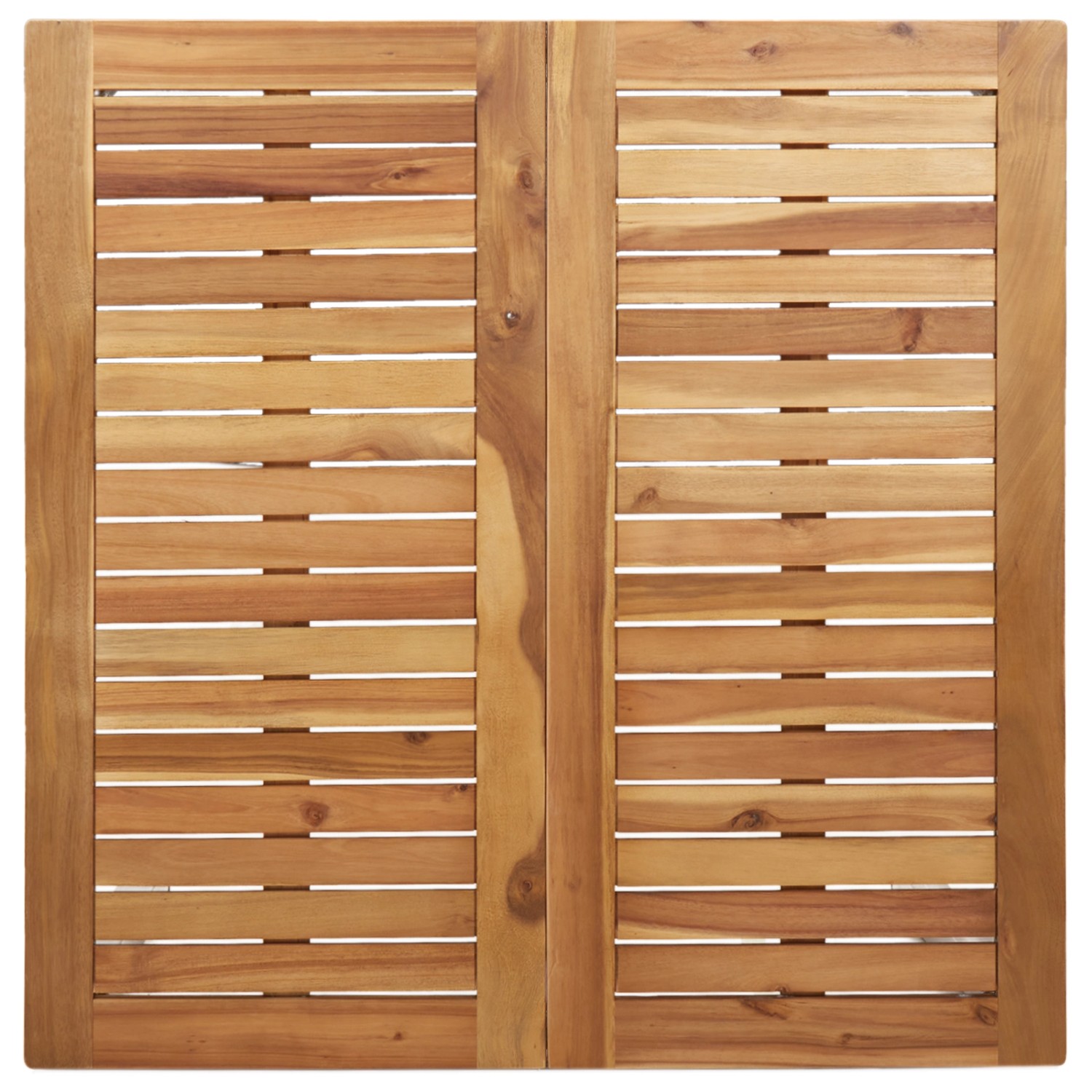 Quadratische Tischplatte aus Akazienholz für ein 5-teiliges Garten-Essset.