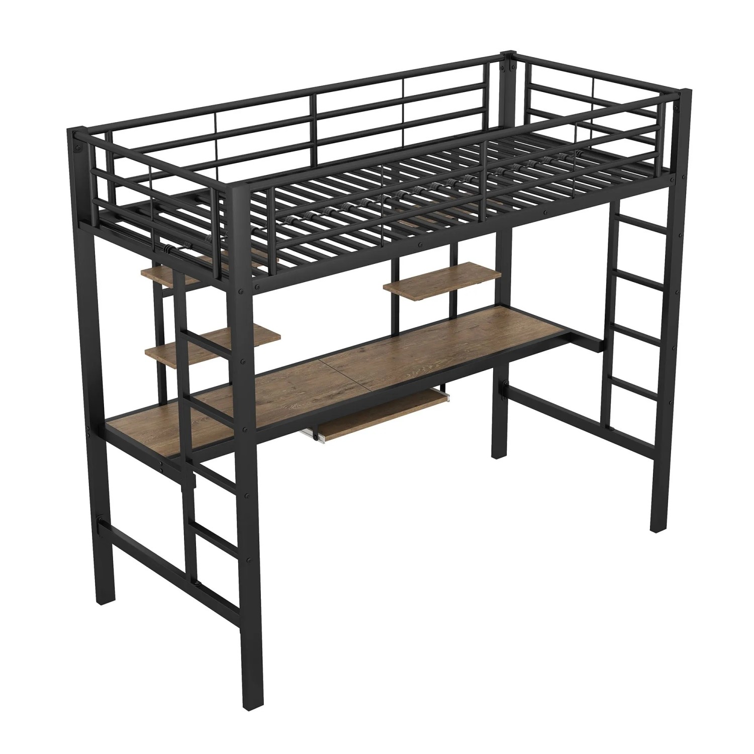 okwish Hochbett 90×200 Eisenbett mit Schreibtisch und Zwei Bücherregalen ohne Matratze