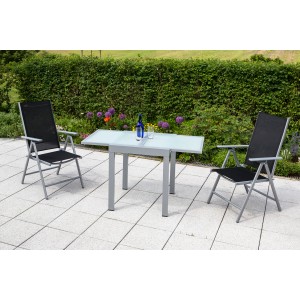 Gartenmöbel-Set Amalfi, 3-teilig, schwarz, mit Klappsesseln und Ausziehtisch mit Sicherheitsglasplatte.