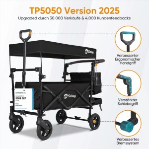 Sekey Bollerwagen, faltbar mit Dach, schwarz, für 2 Kinder bis 100 kg. Ideal für Camping.
