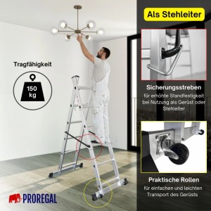 PROREGAL 3-in-1 Aluminiumleiter als Stehleiter in Nutzung. Mann montiert Lampe. Details: 150kg Traglast, Sicherungsstreben, Rollen.