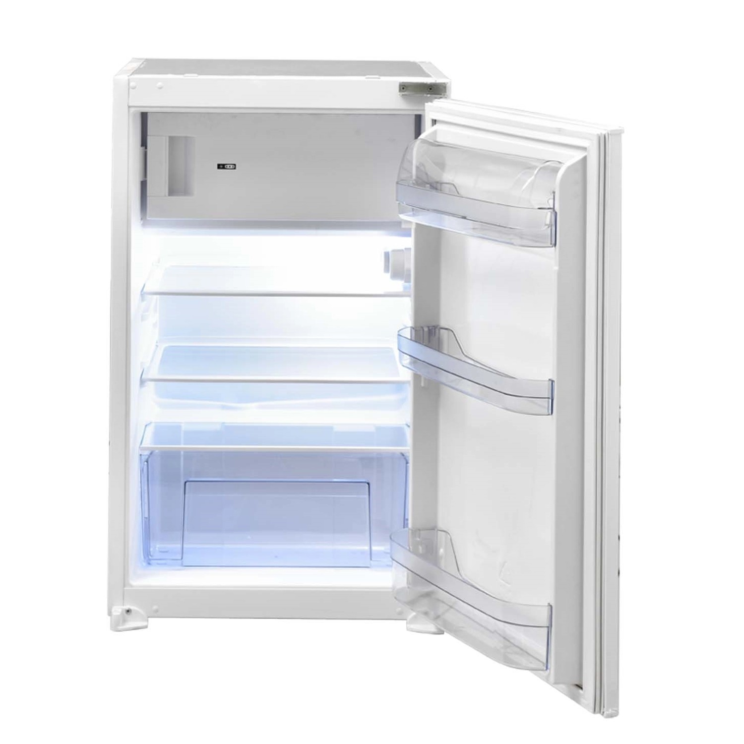 Offener, weißer Einbaukühlschrank der Respekta Küchenzeile mit Regalböden und Türfächern.