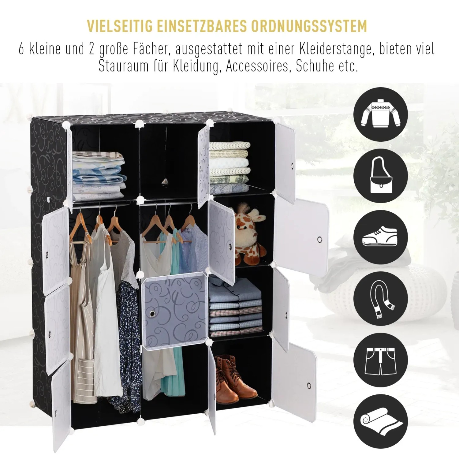 Schwarzer HOMCOM DIY Kleiderschrank aus Kunststoff mit Fächern und Kleiderstangen.