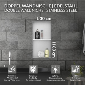 LuxeBath Wandnische Doppel, Edelstahl, 30x60cm, silber. Duschablage für Badutensilien.