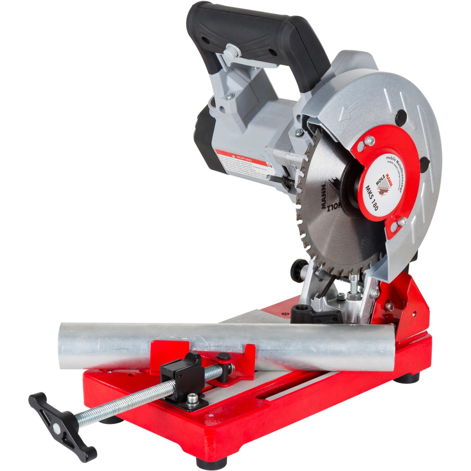 Holzmann Metalltrennsäge MKS180, 230V, mit rotem Sockel und eingespanntem Metallrohr.