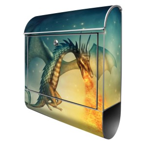 Silberner Briefkasten mit Drachen Motiv und Zeitungsfach. Wandbriefkasten aus pulverbeschichtetem Stahl.