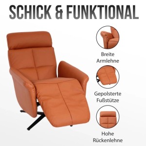 Cognacfarbener Leder-Relaxsessel L10 mit ausgefahrener Fußstütze, breiten Armlehnen und hoher Rückenlehne. Komfortabler Loungesessel.
