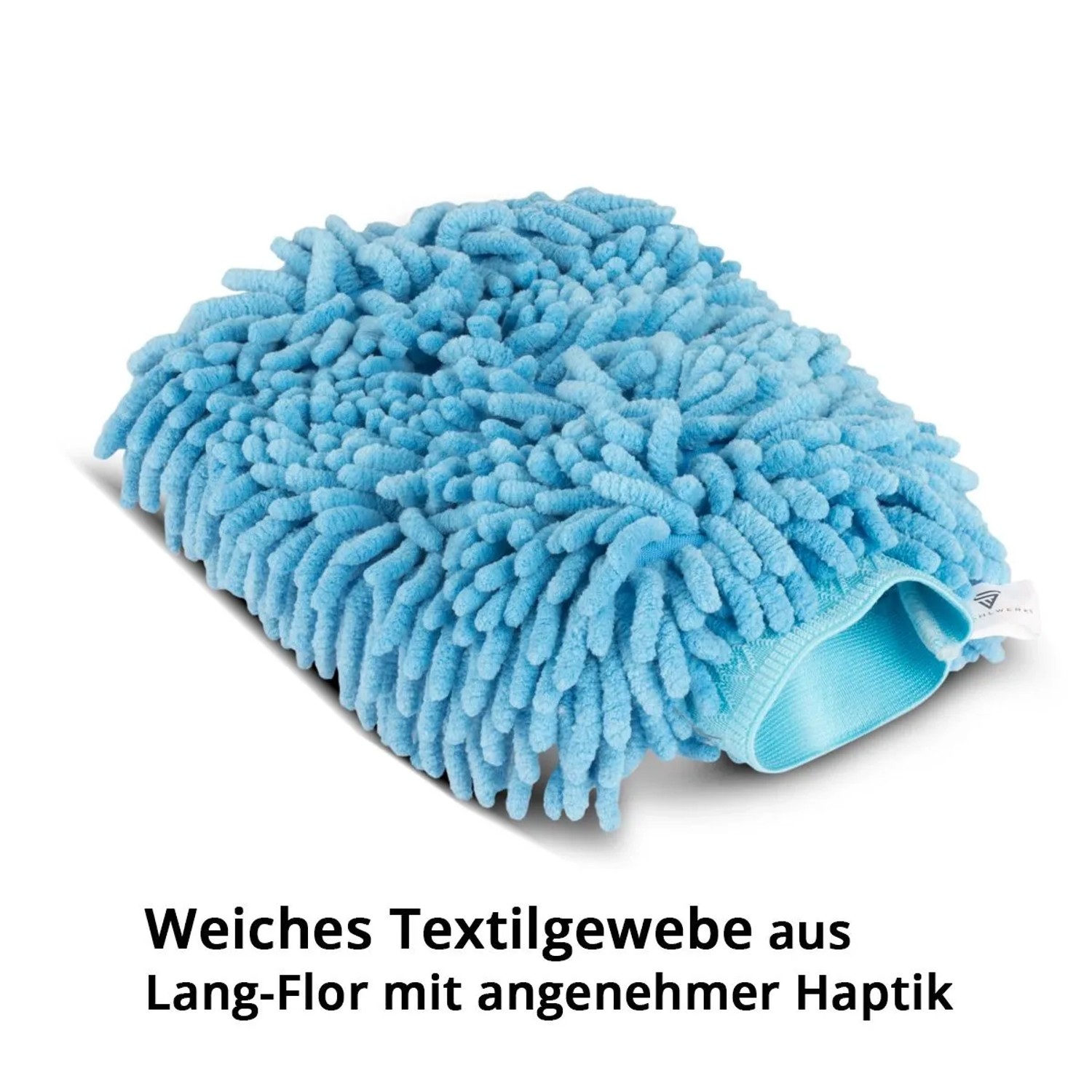 Blauer Mikrofaser Autowaschhandschuh mit langen Chenille-Fasern für Autopflege, Reinigung und Politur von Fahrzeugen.
