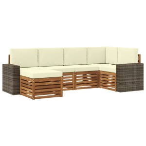 vidaXL Ecksofa-Set, 6-teilig, Natur/Creme. Gartenmöbel aus Akazienholz mit Kissen.