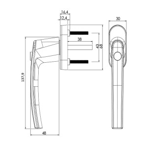 Technische Zeichnung: Quadroform Fenstergriff mit Druckknopf, Aluminium, weiße Oberfläche, Maße.