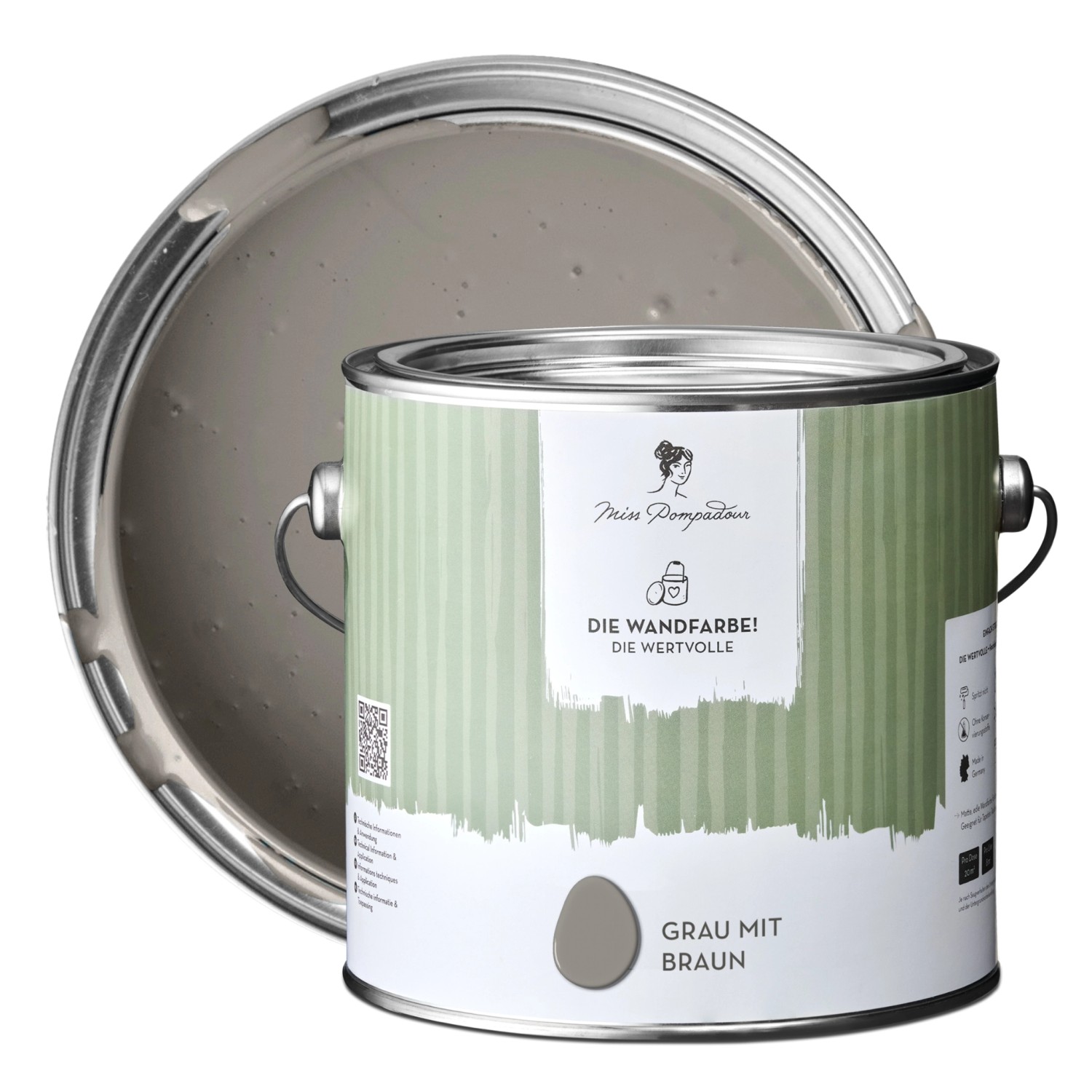MissPompadour Extramatte Wandfarbe Grau mit Braun 2,5L Hochdeckend Spritzfrei