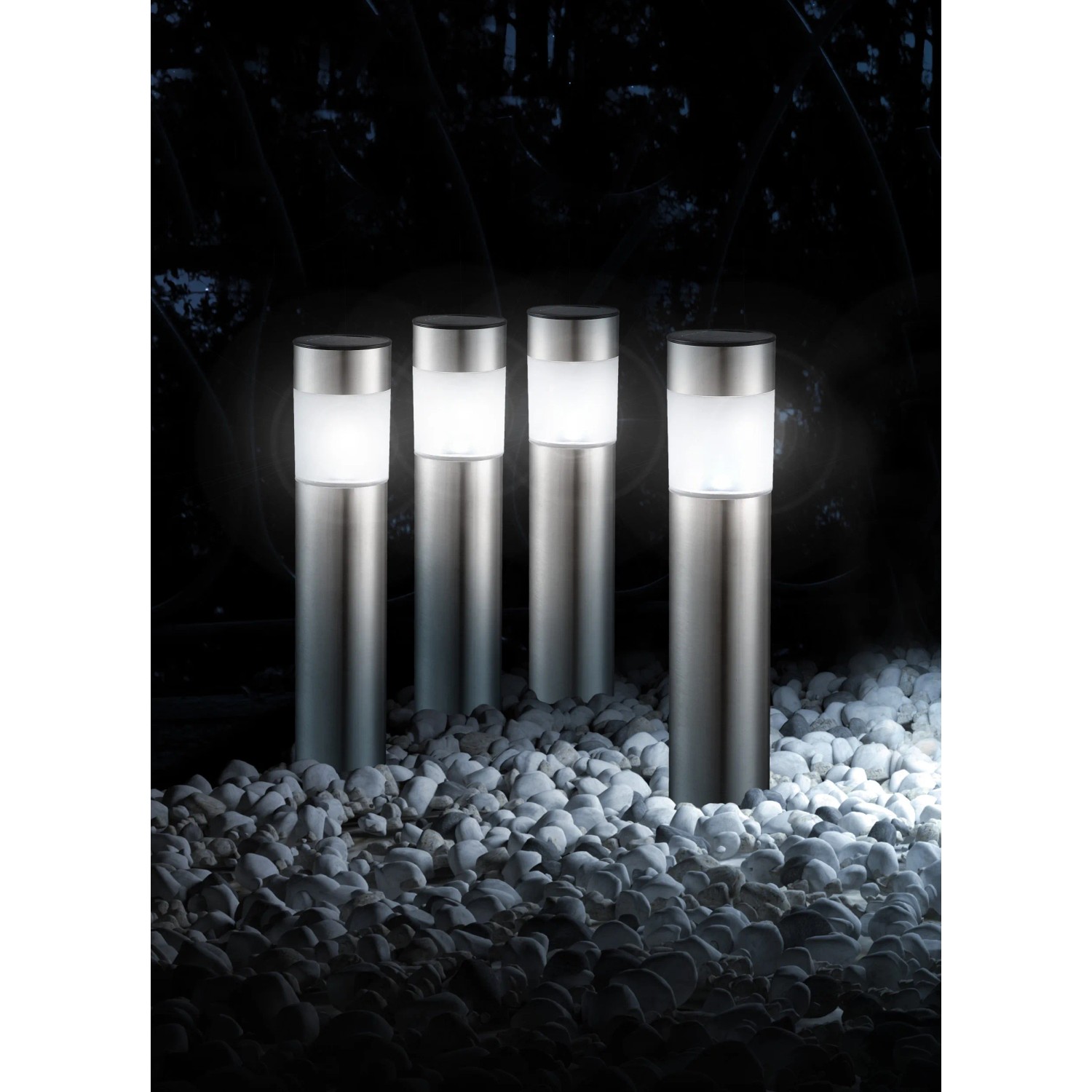 4er Set Globo LED Solar-Wegeleuchten mit Erdspieß, Edelstahl, Ø 6,5x38cm, leuchtend im Dunkeln.
