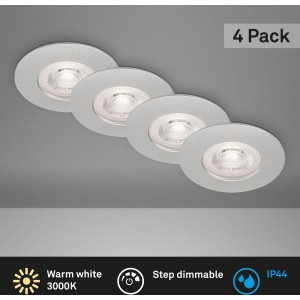 Vier dimmbare Brilo LED-Einbauleuchten Kulana, Chrom matt, 4,9W, warmweiß, für Innen- und Badbereich.