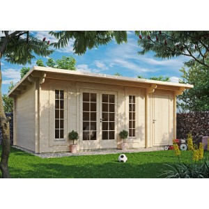Imprägniertes Fjordholz Gartenhaus Jacob 44 C mit Abstellraum und Pultdach im Garten.