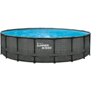 Summer Waves Rundpool, 549 cm, Rattangrau. Stahlrahmenpool mit Rattan-Optik und blauem Wasser.