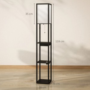 Schwarze/weiße HOMCOM Stehlampe mit Regalen und USB-Anschluss, 159 cm hoch.