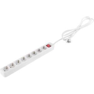 Weiße 8-fach Steckdosenleiste mit rotem An-/Aus-Schalter und 3m Kabel für Innenräume, 3.500 W.